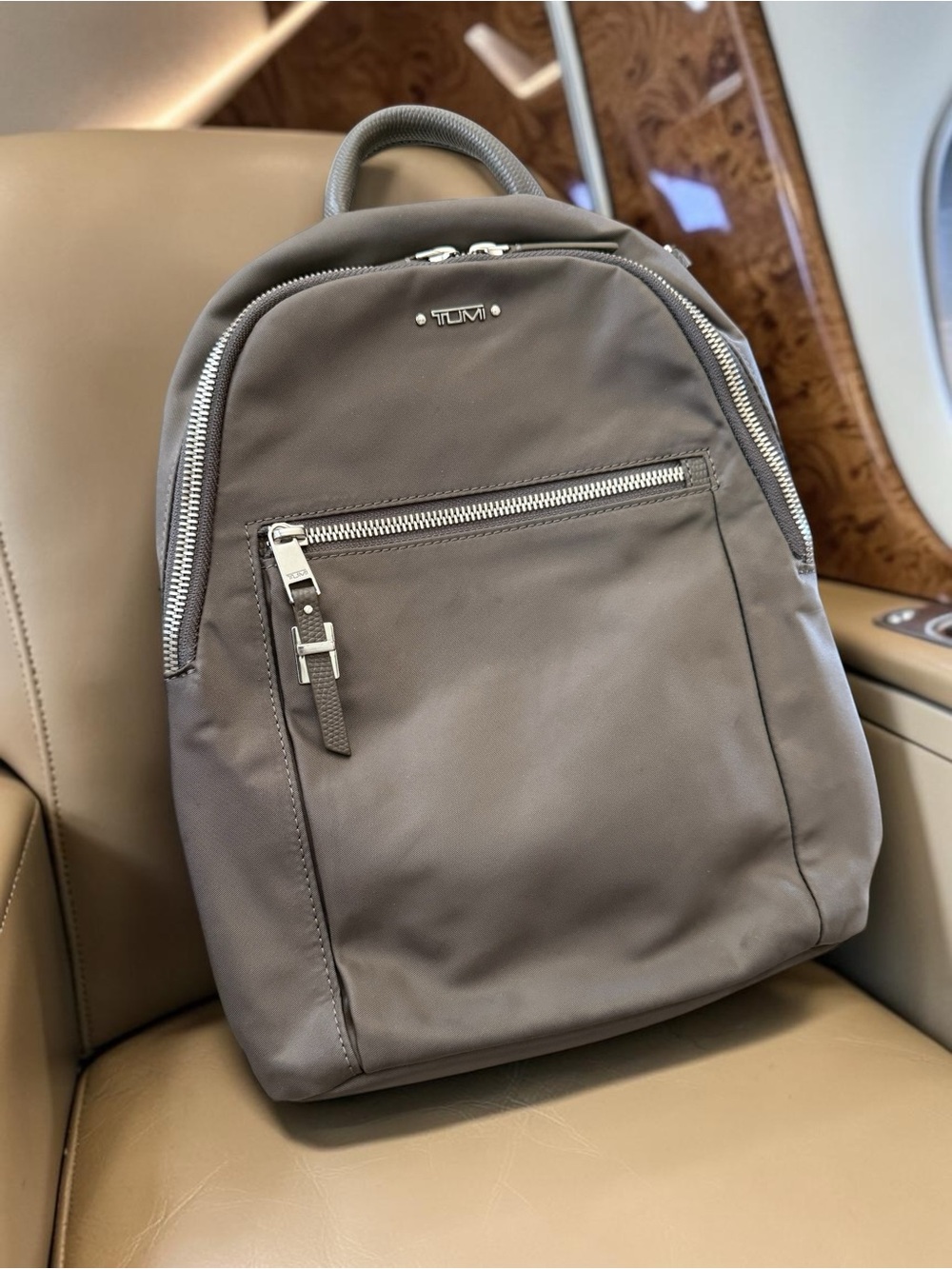 TUMI Voyageur Halle Backpack Nylon Leather Taupe Grey Travel Work Bag E517